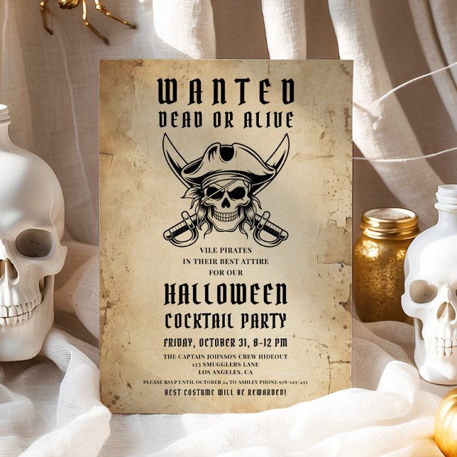 Convites Festa de Cocktail de Halloween Caveira de Pirata A (Vintage Pirate Skull Halloween Cocktail Party Invitation)