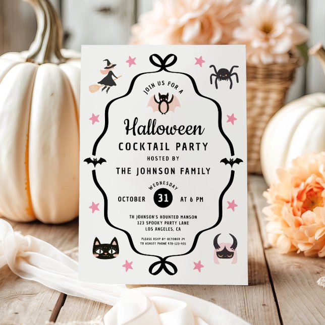 Convites Festa de Cocktail de Halloween Coquete Fofa (Cute Coquette Halloween Cocktail Party Invitation)