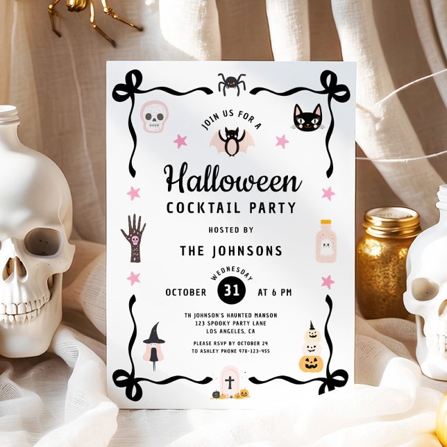 Convites Festa de Cocktail de Halloween Coquete Fofa (Cute Coquette Halloween Cocktail Party Invitation)
