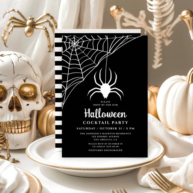 Convites Festa de Cocktail de Halloween de Aranha Preta Fof (Cute Black Spider Halloween Cocktail Party Invitation)