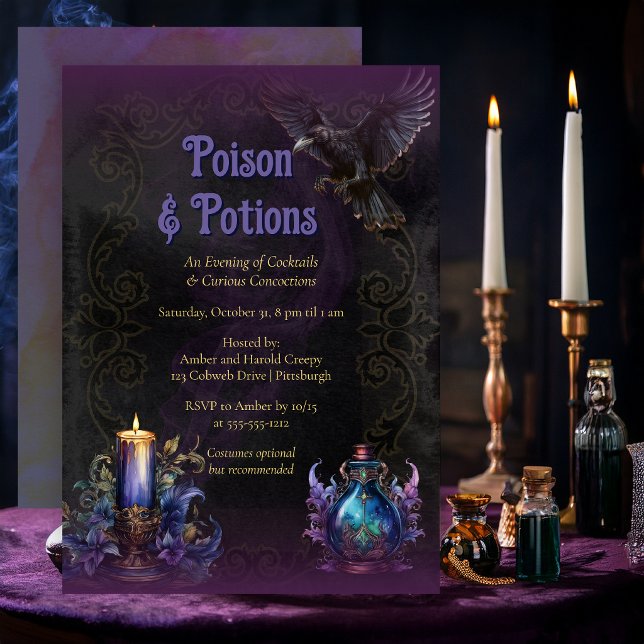 Convites Festa de Cocktail de Halloween Veneno & Poções (Elegant Poison & Potions Halloween cocktail party invitation with vintage apothecary artwork)