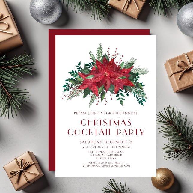Convites Festa de Cocktail de Natal com Flor de Poinsettia  (Red Floral Poinsettia Christmas Cocktail Party Invitation)
