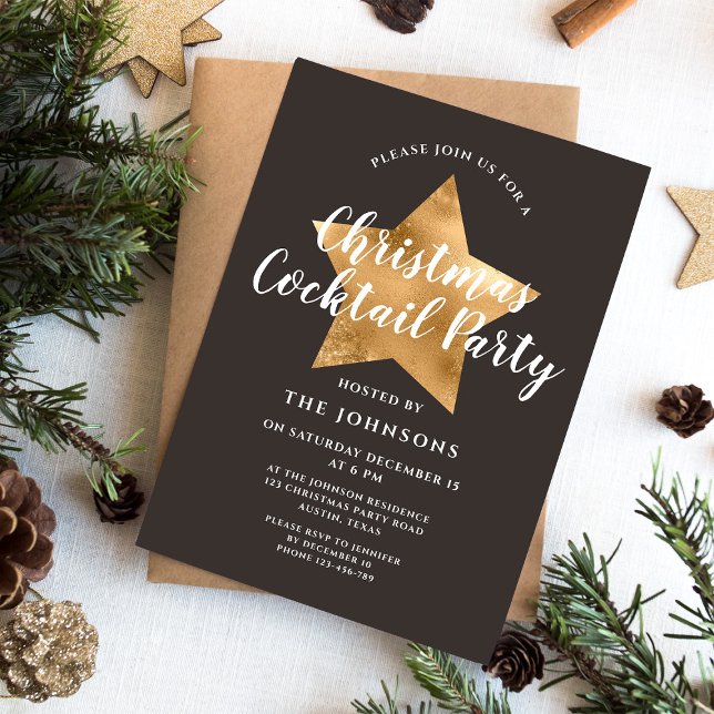 Convites Festa de Cocktail de Natal Estrela Dourada Elegant (Elegant Brown Gold Star Christmas Cocktail Party Invitation)