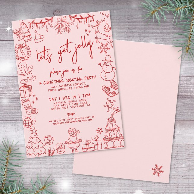 Convites Festa de Cocktail de Natal Excêntrica Desenhada à  (Hand Drawn Quirky Christmas Cocktail Party Invitation)