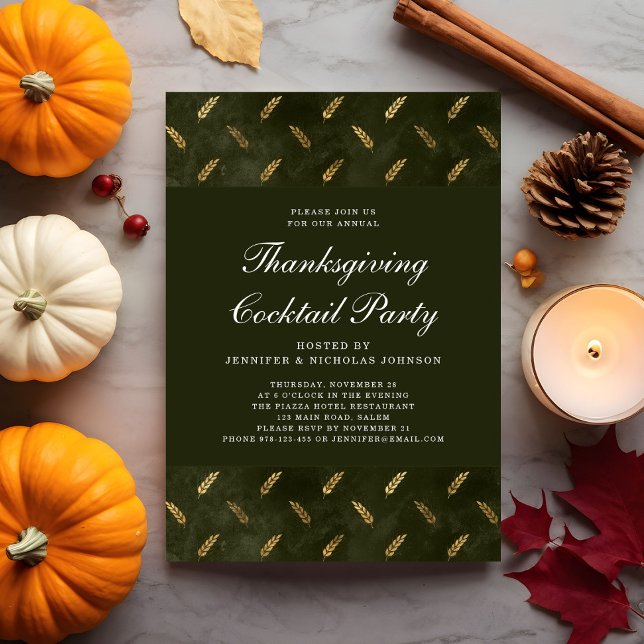 Convites Festa de Cocktail Dourada Verde de Ação de Graças (Green Gold Crop Thanksgiving Cocktail Party Invitation)
