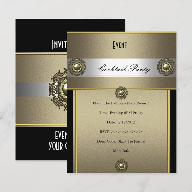 Convites Festa de Cocktail Elegante Preto Prata Bronze (Frente/Verso)