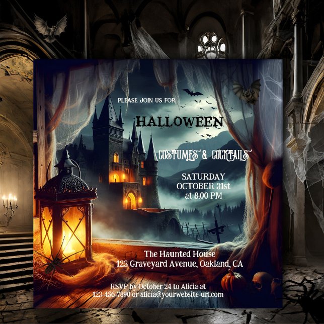 Convites Festa de Cocktail no Castelo de Costume do Hallowe (Adult Halloween costume and cocktail invitation featuring a night scene with lantern and dark castle)