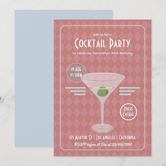 Convites Festa de Cocktail Retro Vintage (Frente/Verso)