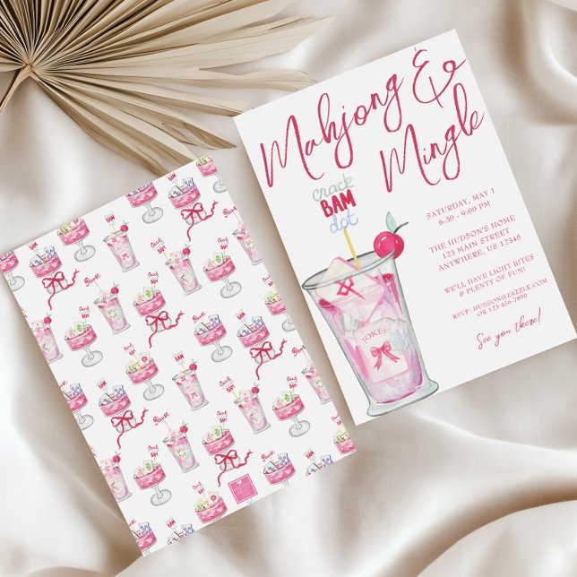 Convites Festa de Cocktails de Mahjong, Rosa-Quente-Aquarel (Criador carregado)