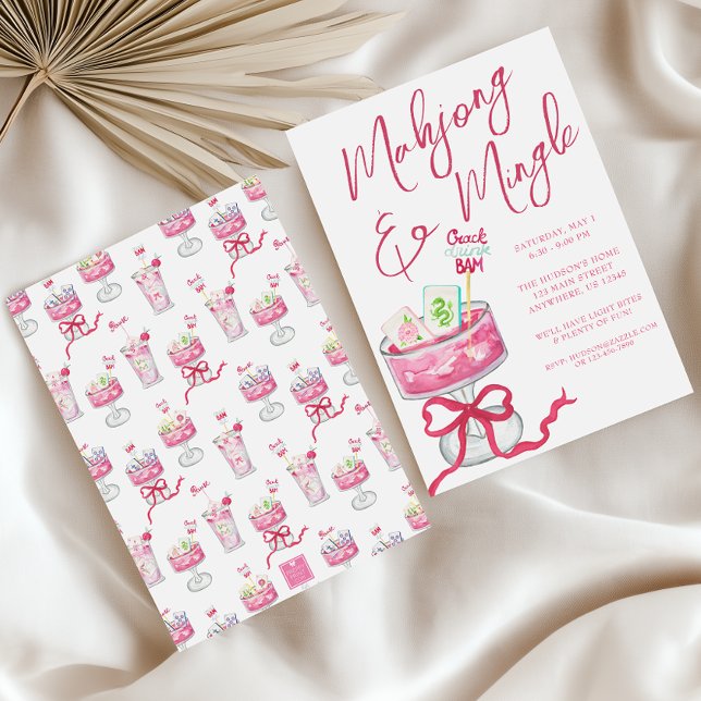 Convites Festa de Cocktails de Mahjong, Rosa-Quente-Aquarel (Criador carregado)