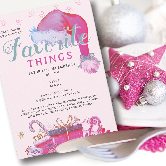 Convites Festa de Coisas Favoritas Feriado Rosa Troca de Pr (Favorite Things Party Holiday Pink Gift Exchange Secret Santa White Elephant Office Family & Friends)