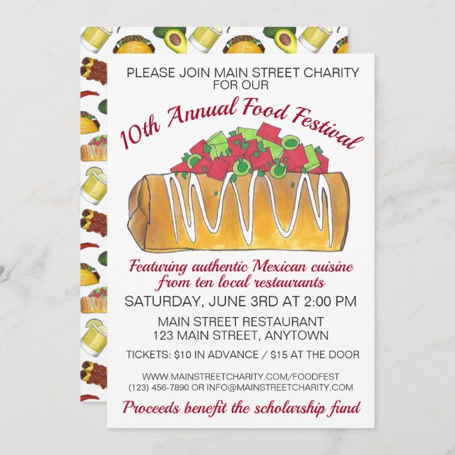 Convites Festa de Comida de ex-texto mexicano Chimichanga (Frente/Verso)