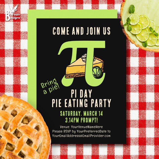 Convites Festa de Comida de Pizza de DIA PI (Fun PI DAY PIE EATING PARTY invitation with customizable text. Ideal of math fans and pie lovers.)