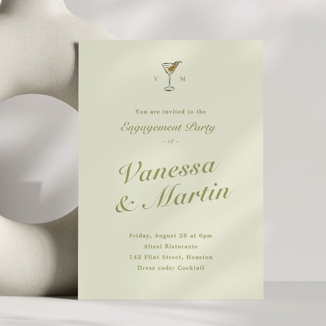Convites Festa de Compromisso Clássico Olive Martini (olive martini engagement party invitation with light green background)