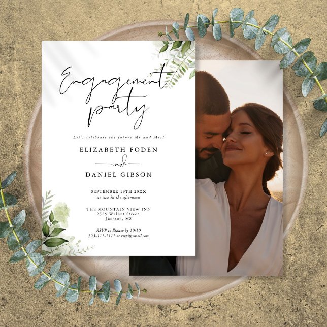Convites Festa de Compromisso com Fotografia e Caligrafia d (Floral Greenery Script Photo Engagement Party Invitation)