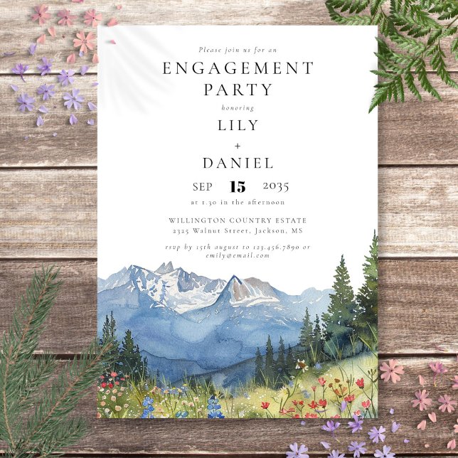 Convites Festa de Compromisso de Flores Silvestres de Monta (Watercolor Mountain Wildflowers Engagement Party Invitation)