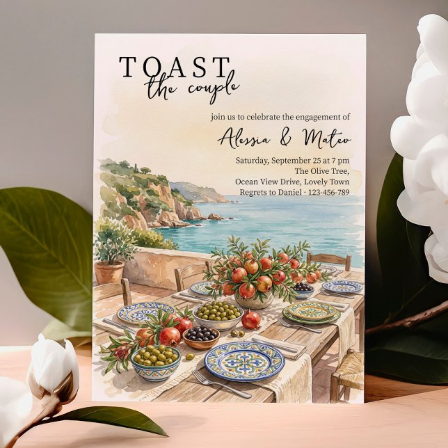 Convites Festa de Compromisso de Olivas e Romã Mediterrâneo (Coastal Mediterranean summer invitation for engagement, wedding shower, rehearsal dinner etc)