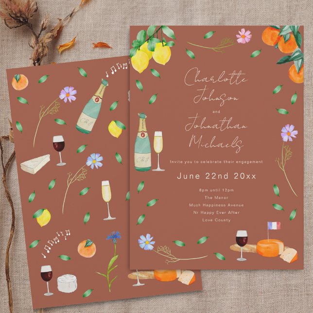 Convites Festa de Compromisso de Vinho e Queijo Boho Outono (Boho chic fall wine and cheese wedding engagement party terracotta invitation Autumn colors oranges)
