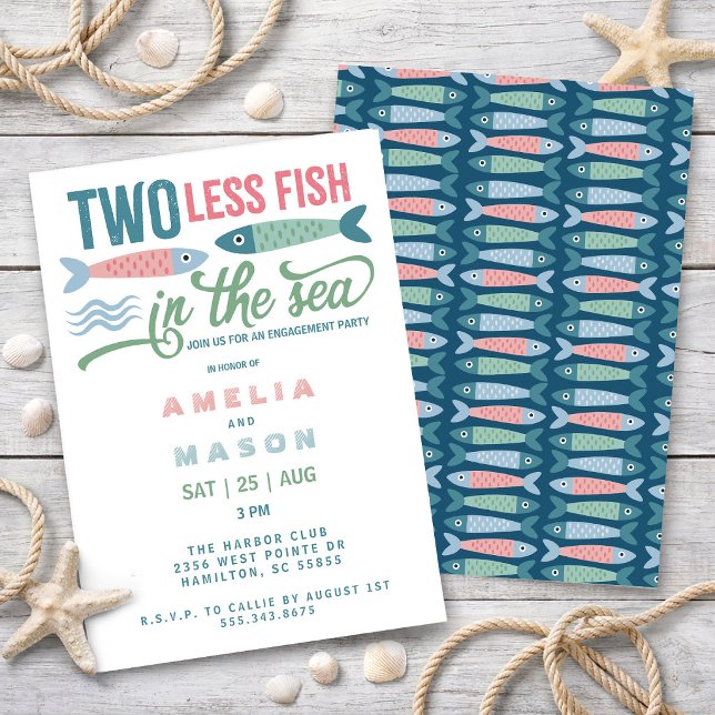 Convites Festa de Compromisso Dois Peixes a Menos no Mar (Two Less Fish in the Sea Engagement Party Invitation)