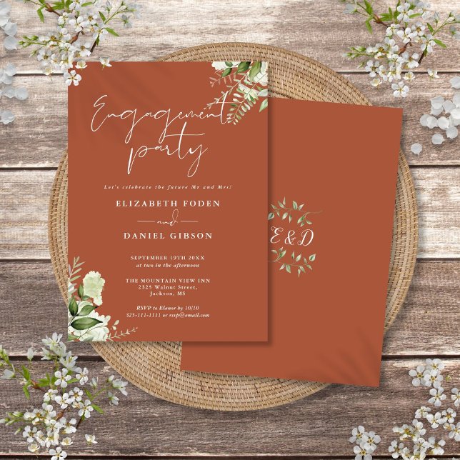 Convites Festa de Compromisso Floral com Verdor em Terracot (Floral Greenery Terracotta Engagement Party Invitation)