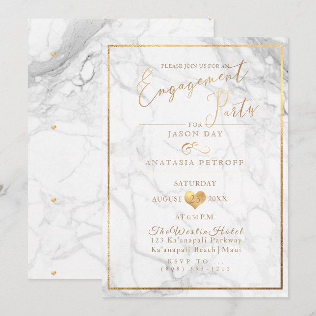 Convites Festa de Compromisso PixDezines Mármore/Dourado Fa (Frente/Verso)
