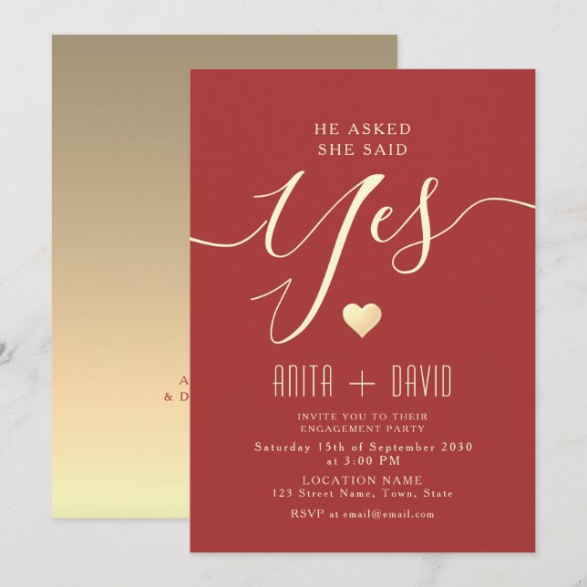 Convites Festa de Compromisso Vermelho Elegante (Frente/Verso)