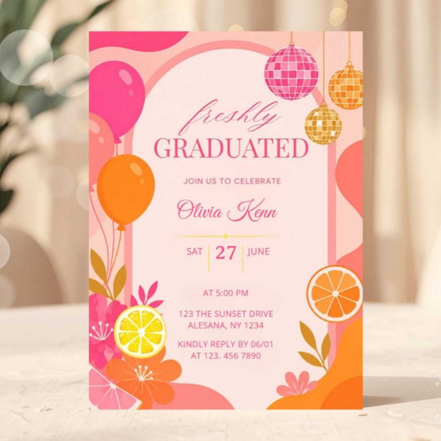 Convites Festa de Conclusão de Curso Laranja Rosa Recém-For (graduation invitation, grad party invite, pink graduation, disco ball invite, editable graduation, s)