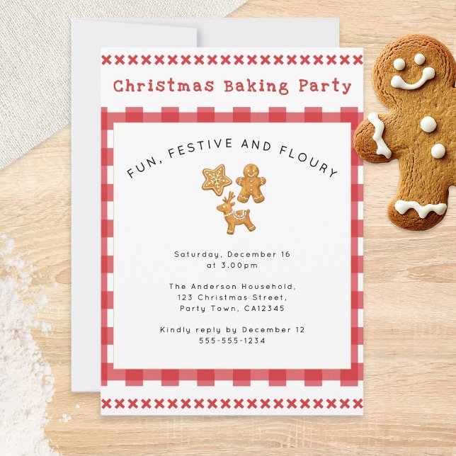 Convites Festa de Confeitaria de Natal com Biscoito de Geng (An invitation to a Christmas baking party, with gingerbread and rustic red-and-white gingham)