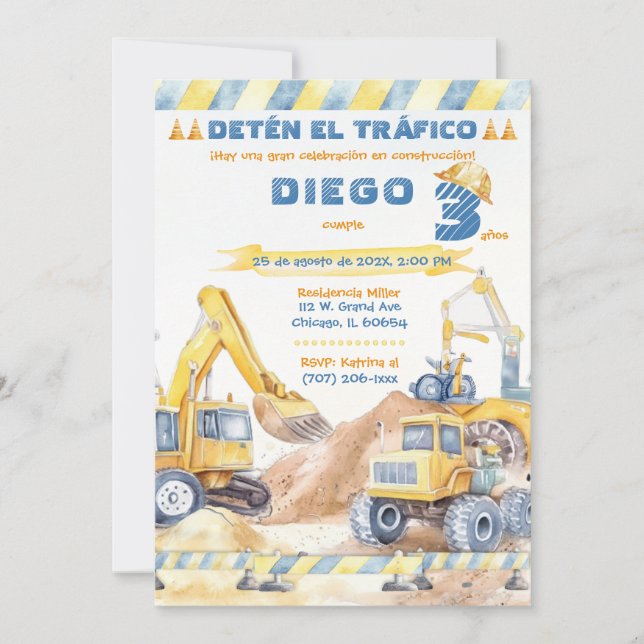 Convites Festa de Construção Editável de 3 Anos (Frente)