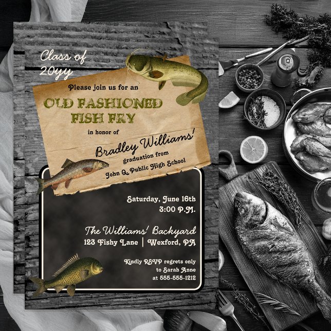 Convites Festa de Cookout de Quintal de Forragem de Peixes  (Rustic Fish Fry Graduation Backyard Cookout Party Invitation -- Print | Digital Download)