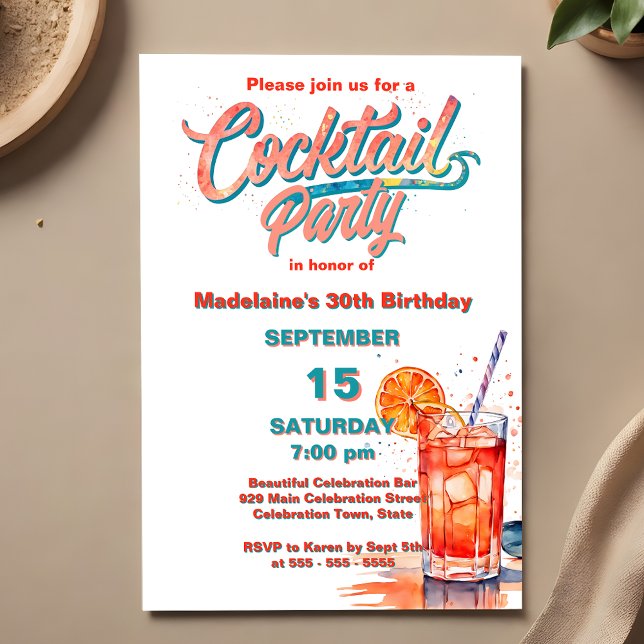 Convites Festa de Coquetéis com Aquarela Refrescante em Tur (Criador carregado)