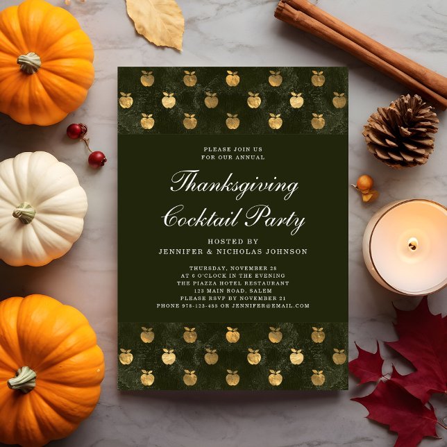 Convites Festa de Coquetel de Ação de Graças da Maçã Verde  (Green Gold Apple Thanksgiving Cocktail Party Invitation)