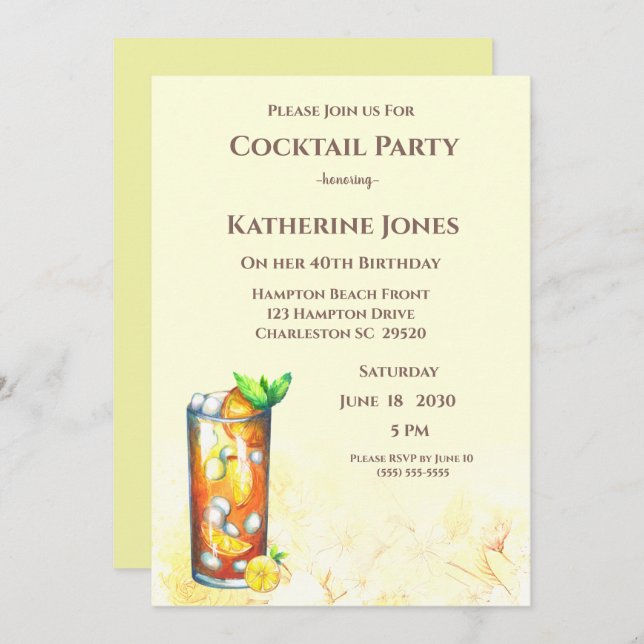 Convites Festa de coquetel de chá amarelo longo (Frente/Verso)
