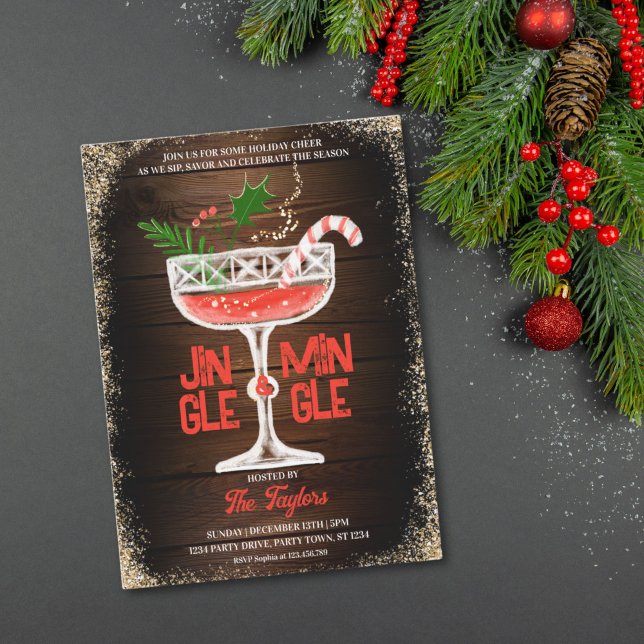 Convites Festa de Coquetel de Natal com Jingle e Mingle Rús (RUSTIC WOOD BACKGROUND JINGLE AND MINGLE COCKTAIL PARTY INVITATION)