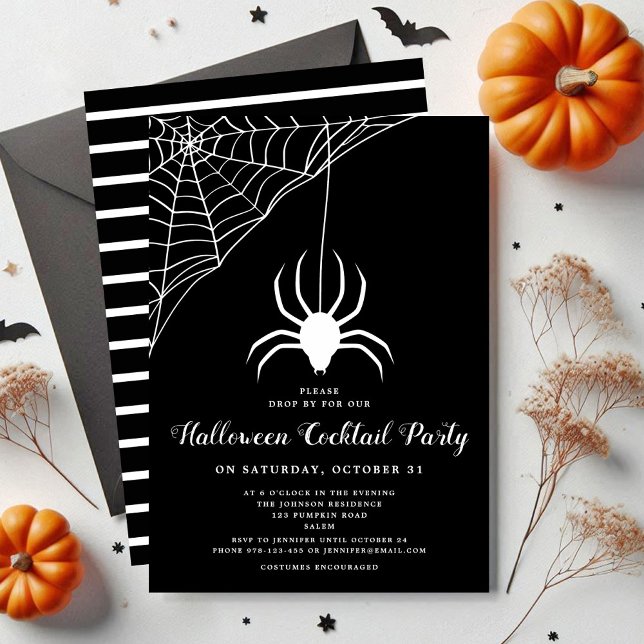 Convites Festa de coquetel do dia das bruxas preto e branco (Cute Spider Black & White Halloween Cocktail Party Invitation)