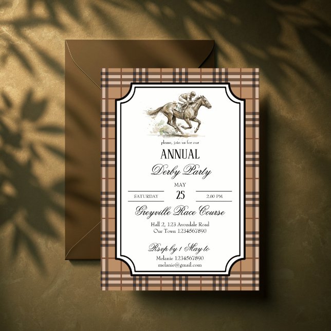 Convites Festa de corrida de cavalos de Derby elegante ging (Derby horse racing party elegant brown gingham invitation cards template equestrian party invites)