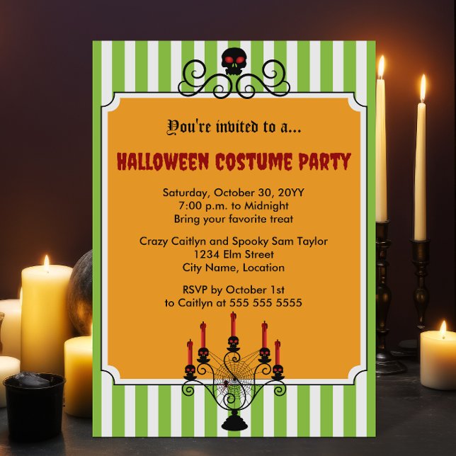 Convites Festa de Costume Candelabra no Halloween Skull (Halloween skull and candelabra costume party invitation.)