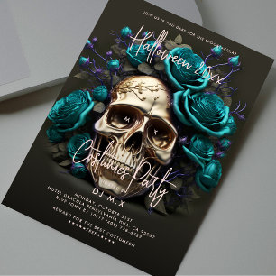 Convites Festa de Costume de Halloween Skull Teal Blue Mode