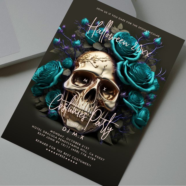 Convites Festa de Costume de Halloween Skull Teal Blue Mode (Halloween Costume Party Skull Teal Blue Modern Invitation
)