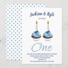 Convites Festa de Cupcake Azul primeiro aniversario Twin Bo