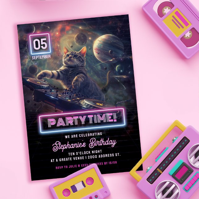Convites Festa de dança de DJ Cat Time (Groovy up with our quirky and fun cat DJ dance party invitation!)