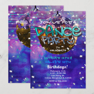 Convites Festa de Dança Disco Bola Roxo Aniversário Legal