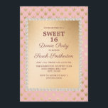 Convites Festa de dança Dourada Tiara Sweet 16, Rosa Esbran<br><div class="desc">Elegante e chic,  cor-de-rosa-pincel decorativo e tiaras-de-ouro / coroinhas Doce 16 convite de festas de dança para meninas.</div>