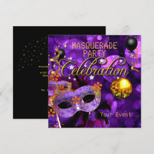 Convites Festa de Dança Máscara Roxo Dourado Bola de Discot