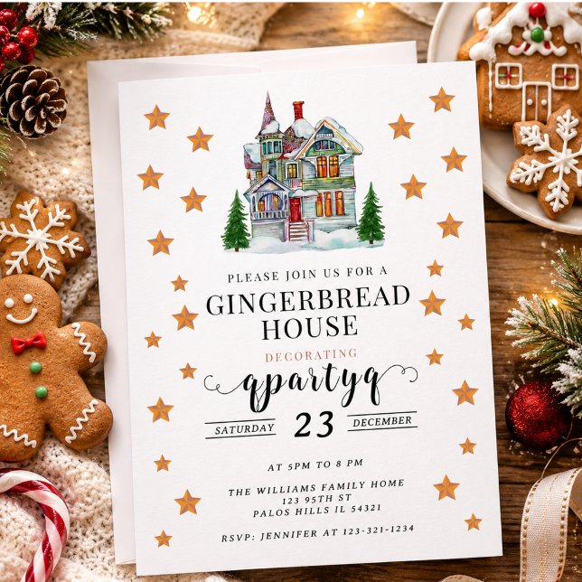 Convites Festa de Decoração de Biscoitos de Natal (Festive Christmas Gingerbread Decorating Party Invitation)