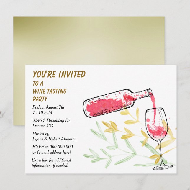 Convites Festa de Degustação de Vinho com Garrafa e Copo em (Frente/Verso)