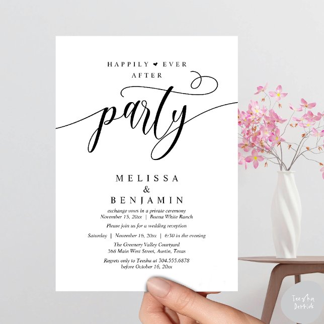 Convites Festa de Depois dos Felizes para Sempre, Recepção  (Happily Ever After Party, Reception Modern Minimal Invitation Card in Black and White)