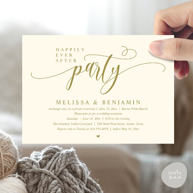 Convites Festa de Depois dos Felizes para Sempre, Recepção  (Happily Ever After Party, Reception Modern Minimal Invitation Card in Yellow Gold)