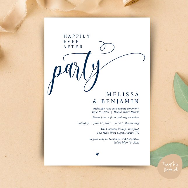 Convites Festa de Depois dos Felizes para Sempre, Recepção  (Happily Ever After Party, Reception Modern Minimal Invitation Card in Navy Blue)