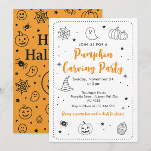 Convites Festa de Desenho de Abóbora Fofa Doodles de Hallow